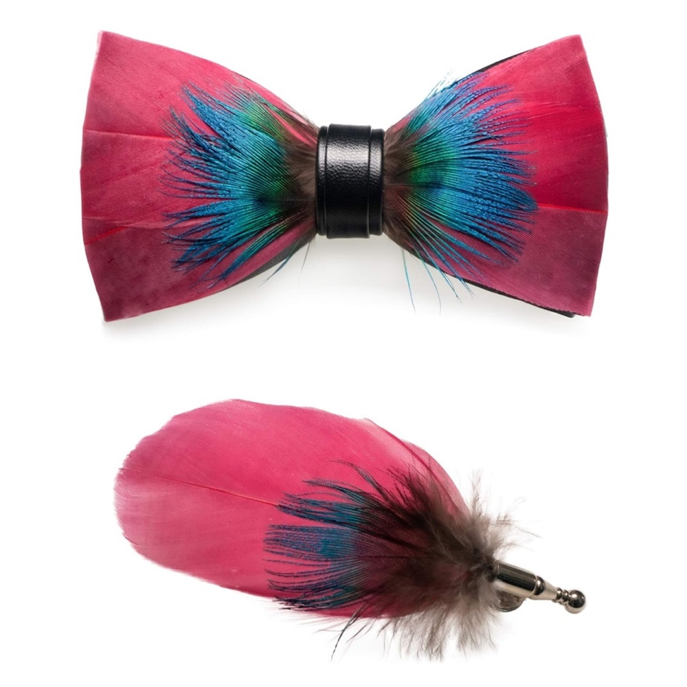 Men’s Handmade Pink and Peacock Feather Pre Tied Bow tie and Matching Lapel Pin